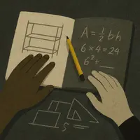 Two hands, one dark and one light, rest on an open notebook with a bookshelf sketch, math equations, and a yellow pencil