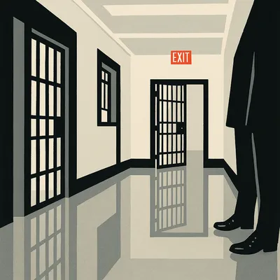 Prison hallway with cell doors, polished floor, two suited figures, and a red EXIT sign above an open barred door.