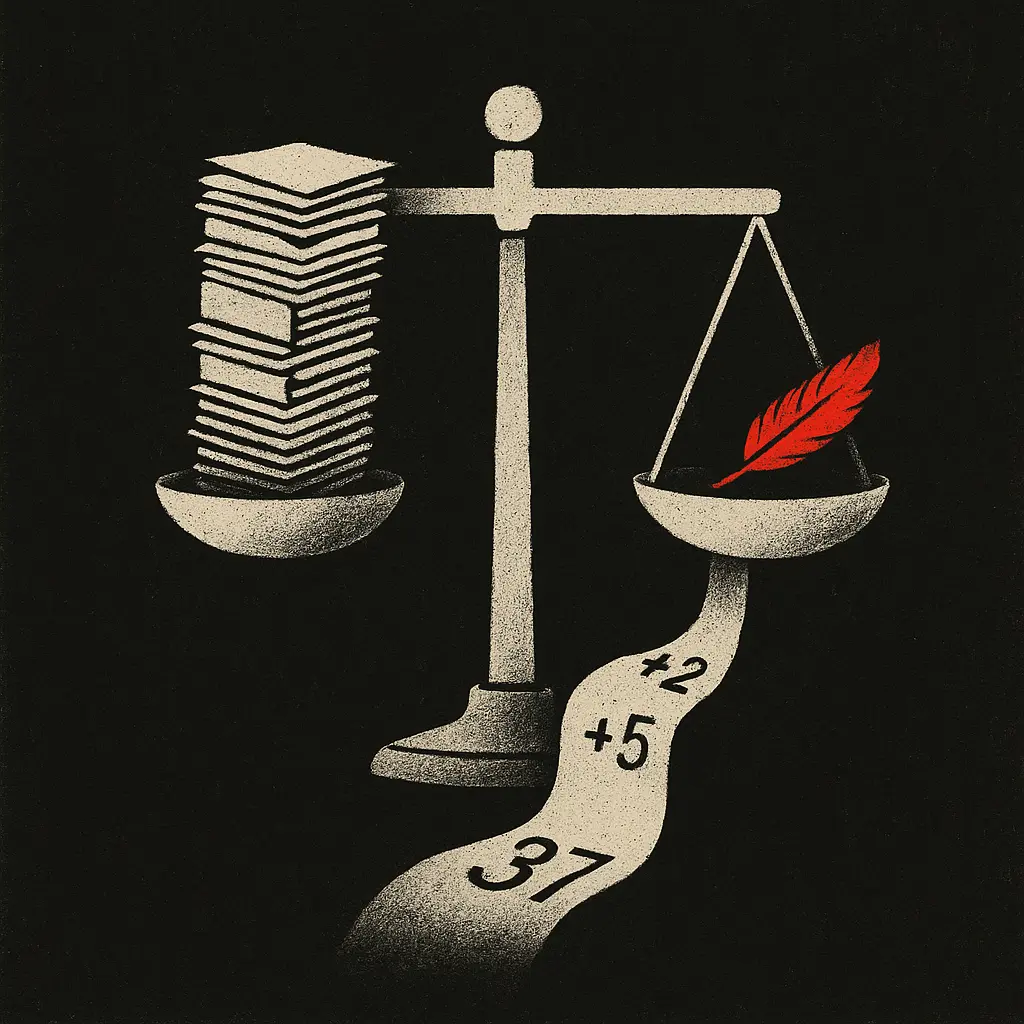 Justice scale with stack of folders on one side, red feather on other, paper trail with numbers