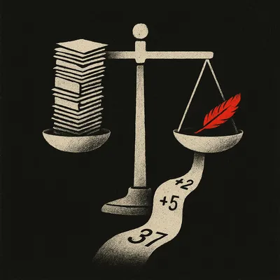 Justice scale with stack of folders on one side, red feather on other, paper trail with numbers
