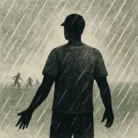 Solitary figure standing in rain on prison track with arms extended, silhouettes playing soccer in background
