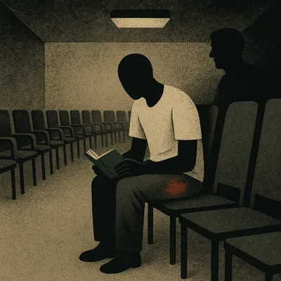 Faceless inmate reading in empty prison clinic waiting room with red rash on thigh
