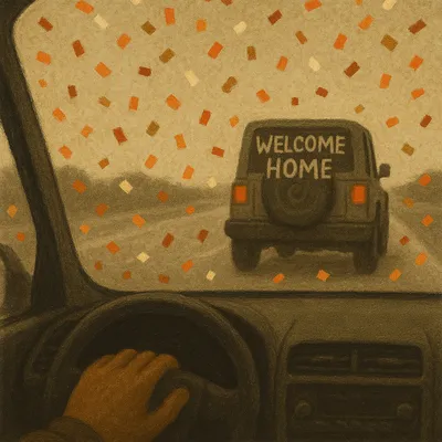 Car interior view following Jeep with "Welcome Home" message, confetti on windshield
