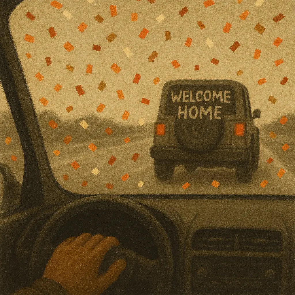 Car interior view following Jeep with 'Welcome Home' message, confetti on windshield