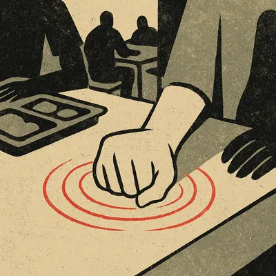 A clenched fist knocks on a mess hall table, sending red ripple lines outward, surrounded by meal trays and seated prisoners.
