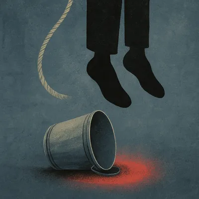 Silhouetted legs hang above an overturned metal bucket with a soft red glow beneath on a textured blue-grey background.