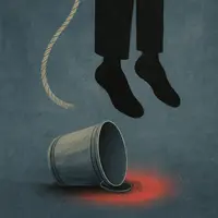 Silhouetted legs hang above an overturned metal bucket with a soft red glow beneath on a textured blue-grey background.