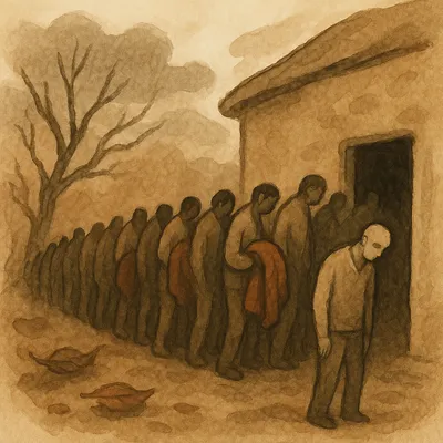 Inmate stands apart as others line up outside a prison building under a bare tree, some holding red jackets, with leaves on the ground.