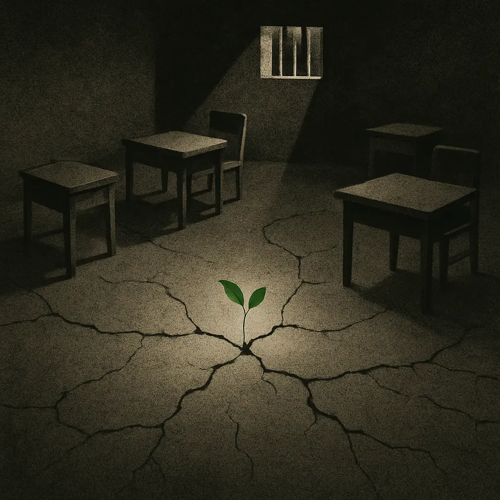 Prison classroom with concrete floor, green sprout growing beneath light from barred window