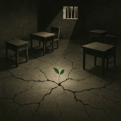 Prison classroom with concrete floor, green sprout growing beneath light from barred window
