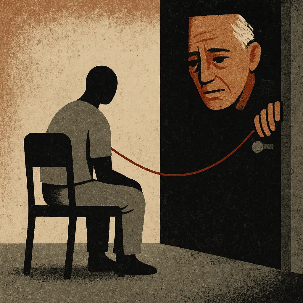 Faceless prisoner sitting alone in prison waiting room connected by red string to solemn father through closing door