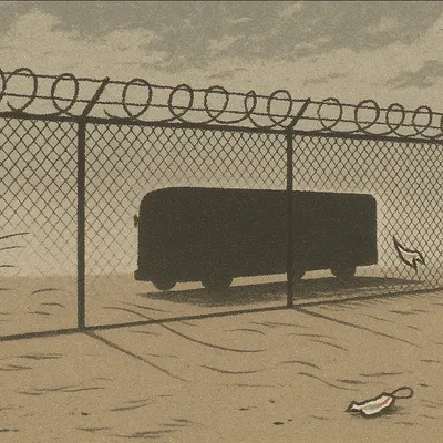 Shadow of a bus cast on a prison yard fence with razor wire, windblown dust and scraps of paper on the ground.