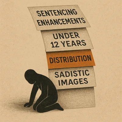 Faceless figure crushed beneath stack of sentencing enhancements labeled "Distribution" and "Sadistic Images"
