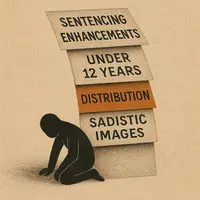 Faceless figure crushed beneath stack of sentencing enhancements labeled 'Distribution' and 'Sadistic Images'
