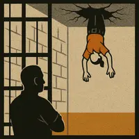 Female prison officer hanging upside down through ceiling, inmate watching from behind bars