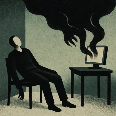 Figure slumped in chair with dark smoke emerging from glowing computer screen
