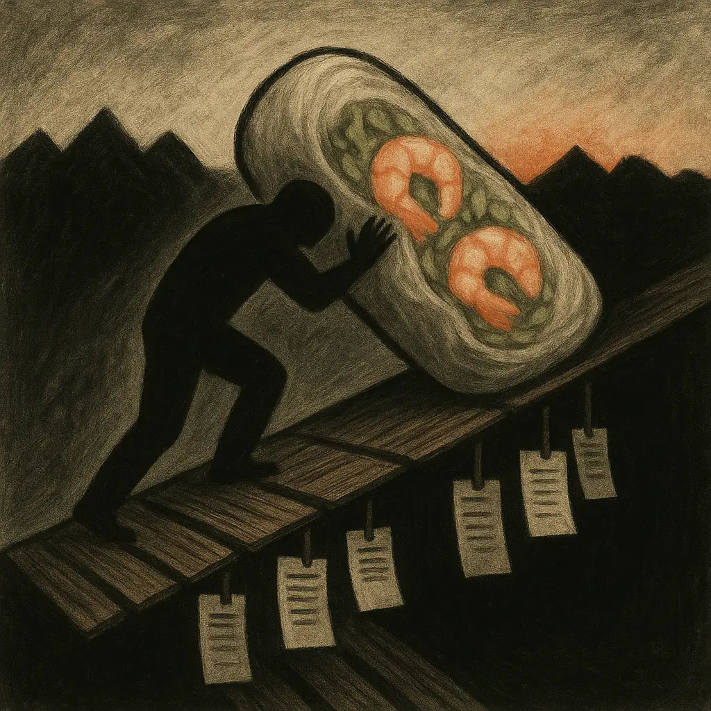 Dallas ex-felon and cook pushes giant spring roll uphill beside dangling order tickets