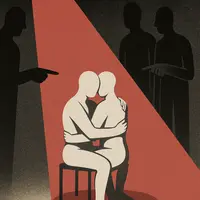 Two faceless nude figures embrace on a chair under a red spotlight while shadowy figures point at them from the darkness.