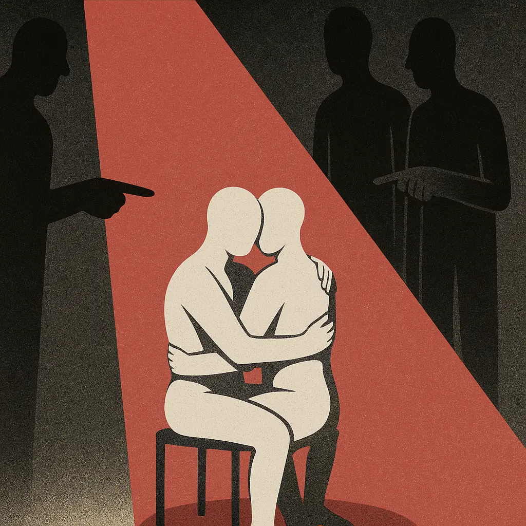 Two faceless nude figures embrace on a chair under a red spotlight while shadowy figures point at them from the darkness.