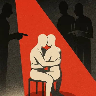 Two faceless nude figures embrace on a chair under a red spotlight while shadowy figures point at them from the darkness.