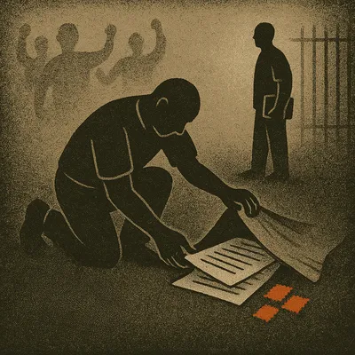 Prisoner hiding gambling papers and red postage stamps under rug with shadowy cheering figures behind
