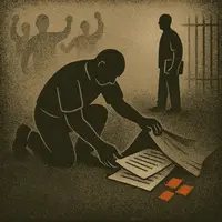 Prison stamps hidden under rug with gambling slips symbolizing underground prison economy