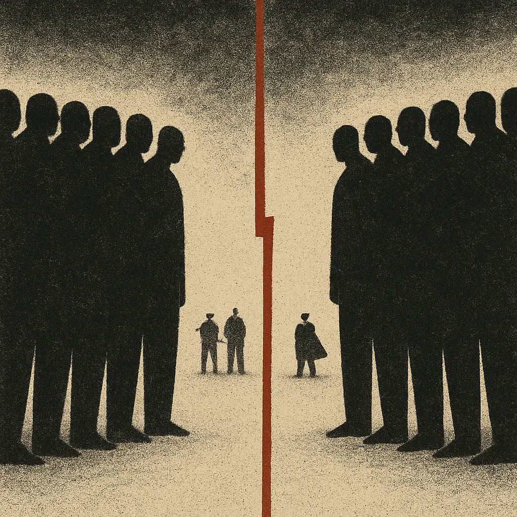 Two groups of prisoners facing each other in standoff, red lightning bolt between them