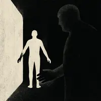 Inmate figure prepares to be strip searched as a faceless guard looms behind.