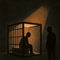 A prisoner sits inside a barred cage under a harsh orange light while another figure stands watching in shadow