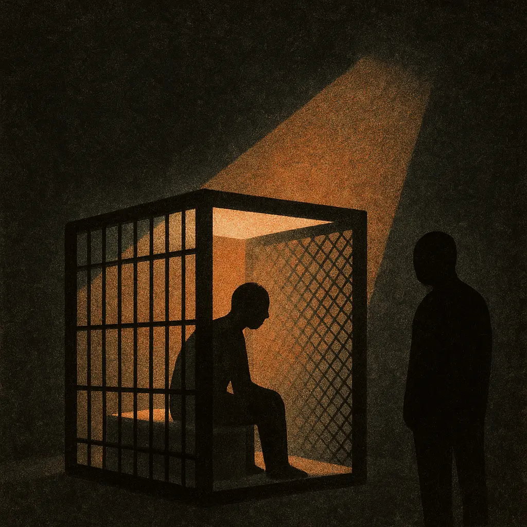 A prisoner sits inside a barred cage under a harsh orange light while another figure stands watching in shadow.