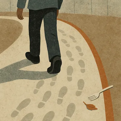 Prison inmate walking on worn track with footprints, discarded fork, and autumn leaf
