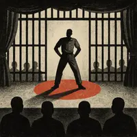 Surreal illustration of a faceless figure posing confidently under a red spotlight on a prison stage framed by bars as curtains, watched by shadowy inmate silhouettes — symbolizing hidden identity and performative masculinity in incarceration.
