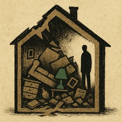 Cluttered apartment interior with figure standing among scattered belongings and green lamp
