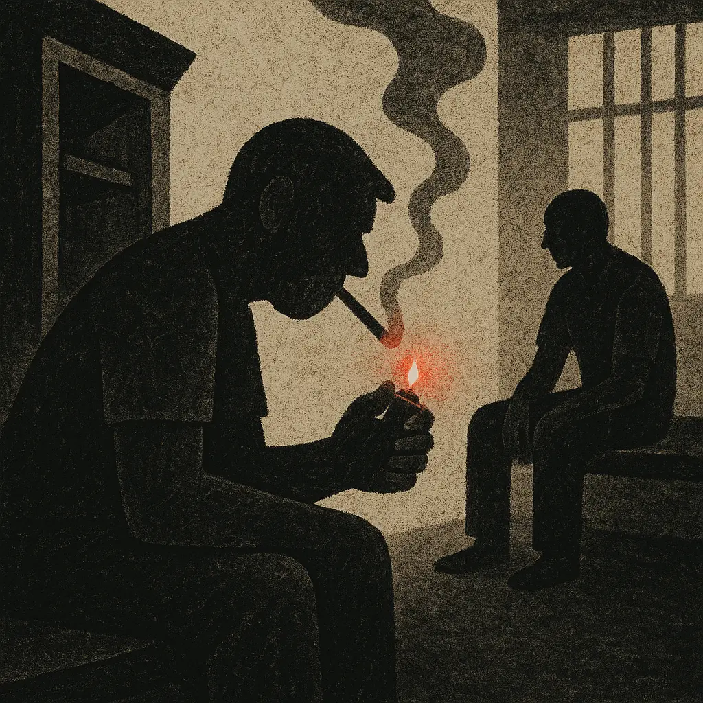 Two inmates sit in a dim prison cell; one lights a cigarette, casting a small orange-red glow, while the other sits silently across