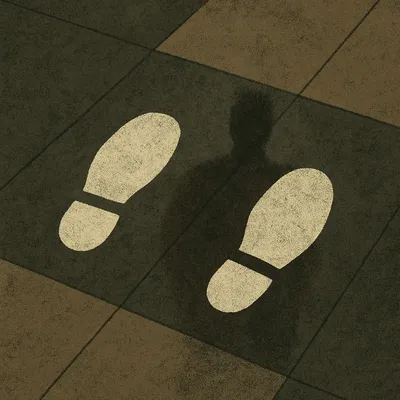 Worn footprint decals on tiled floor with shadow beneath