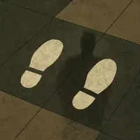 Worn footprint decals on tiled floor with shadow beneath