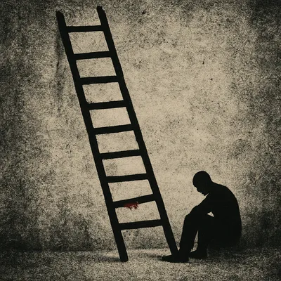 Broken ladder leaning against a rough prison wall with a shadowed figure sitting at the base, red stain on bottom rung.
