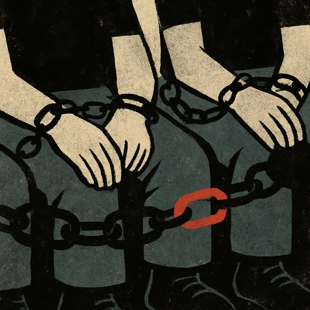 Four prisoners' hands rest in chains on their laps, with one red chain link highlighted among dark, muted tones