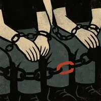 Four prisoners' hands rest in chains on their laps, with one red chain link highlighted among dark, muted tones