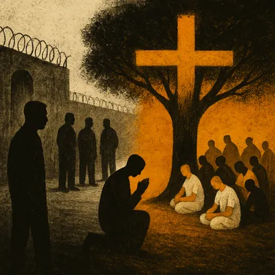 Prison yard divided between shadowy inmates and group of praying figures under cross-shaped tree
