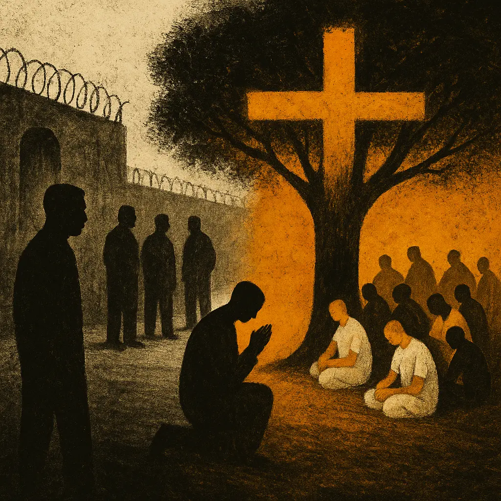 Prison yard divided between shadowy inmates and group of praying figures under cross-shaped tree