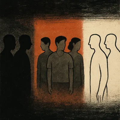 Linocut illustration with black silhouettes on left, white outlines on right, gray figures in orange center zone
