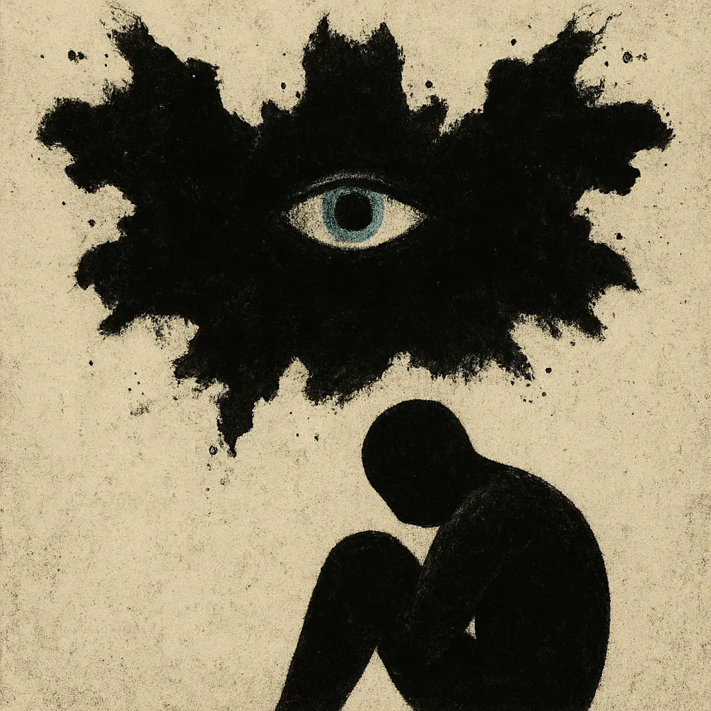 Faceless hunched figure seated beneath large Rorschach shape containing pale blue eye