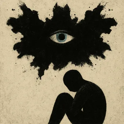 Faceless hunched figure seated beneath large Rorschach shape containing pale blue eye
