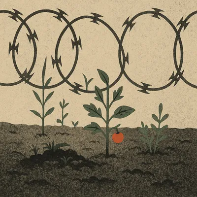 Small garden with tomato, onion, and sapling apple tree growing beneath razor wire on dark soil, one red fruit prominent.

