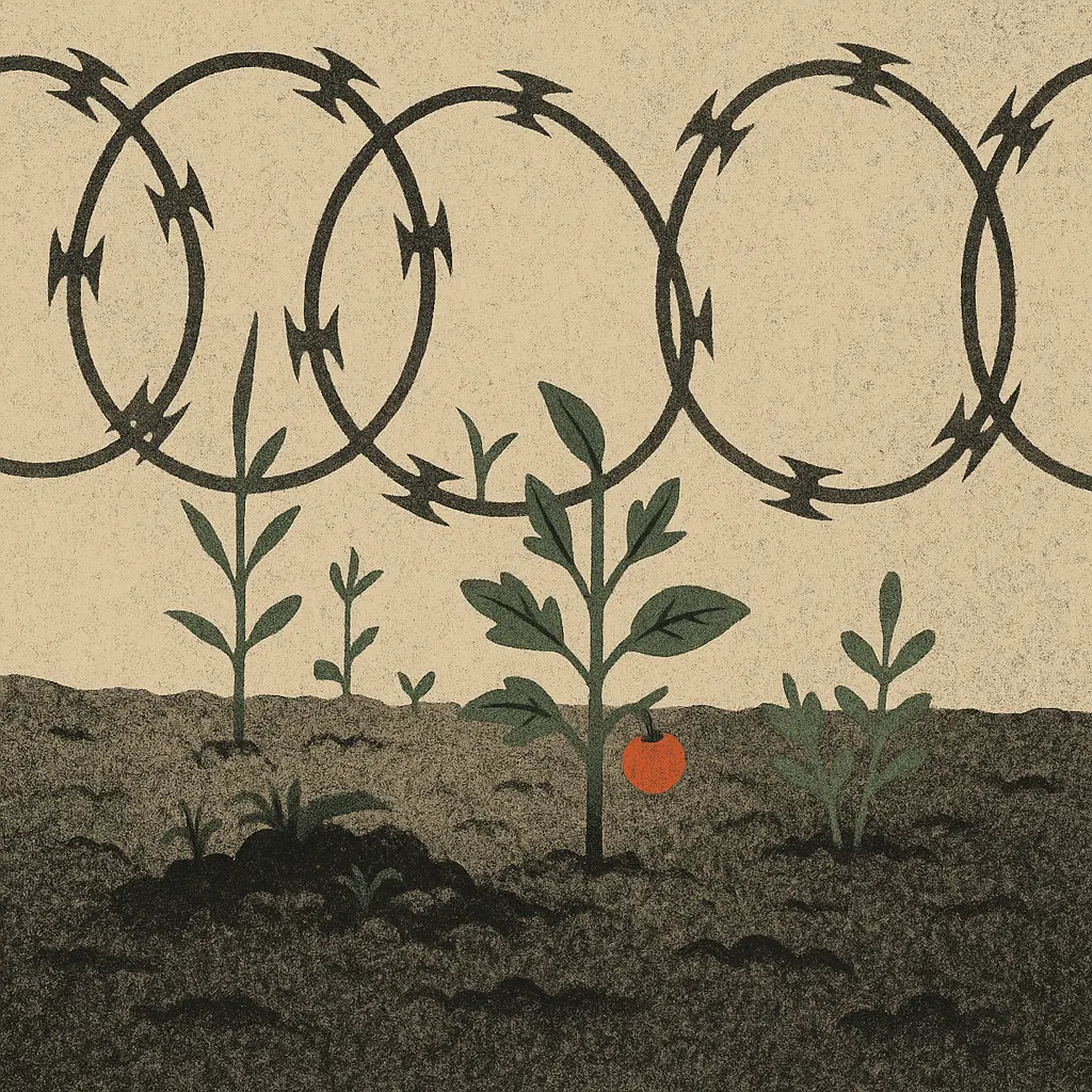 Small garden with tomato, onion, and sapling apple tree growing beneath razor wire on dark soil, one red fruit prominent.
