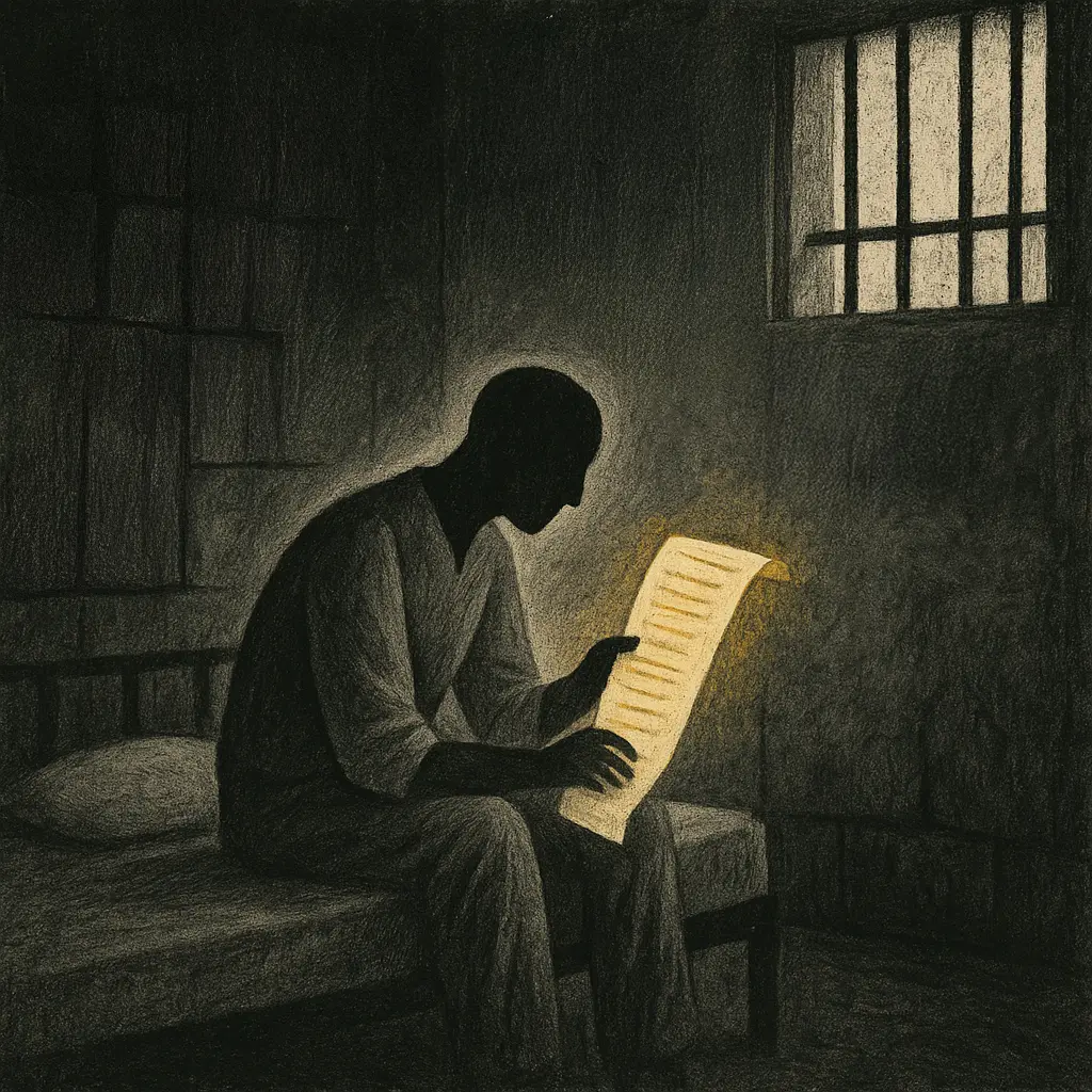 Inmate in shadowy prison cell with sketched drawings on wall