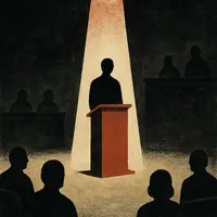 Faceless figure standing at red podium under spotlight surrounded by shadowy silhouettes