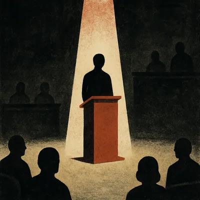 Faceless figure standing at red podium under spotlight surrounded by shadowy silhouettes
