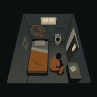 Solitary cell with narrow window, eagle graffiti, bed with orange blanket, seated figure on floor, desk paper, and toilet.